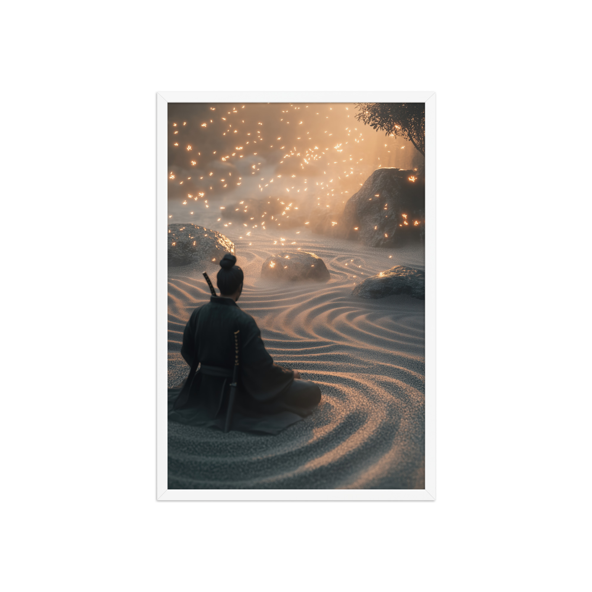 Zen Samurai – Fireflies in Zen Garden Japandi Samurai Wall Art – Framed Poster - Image 17