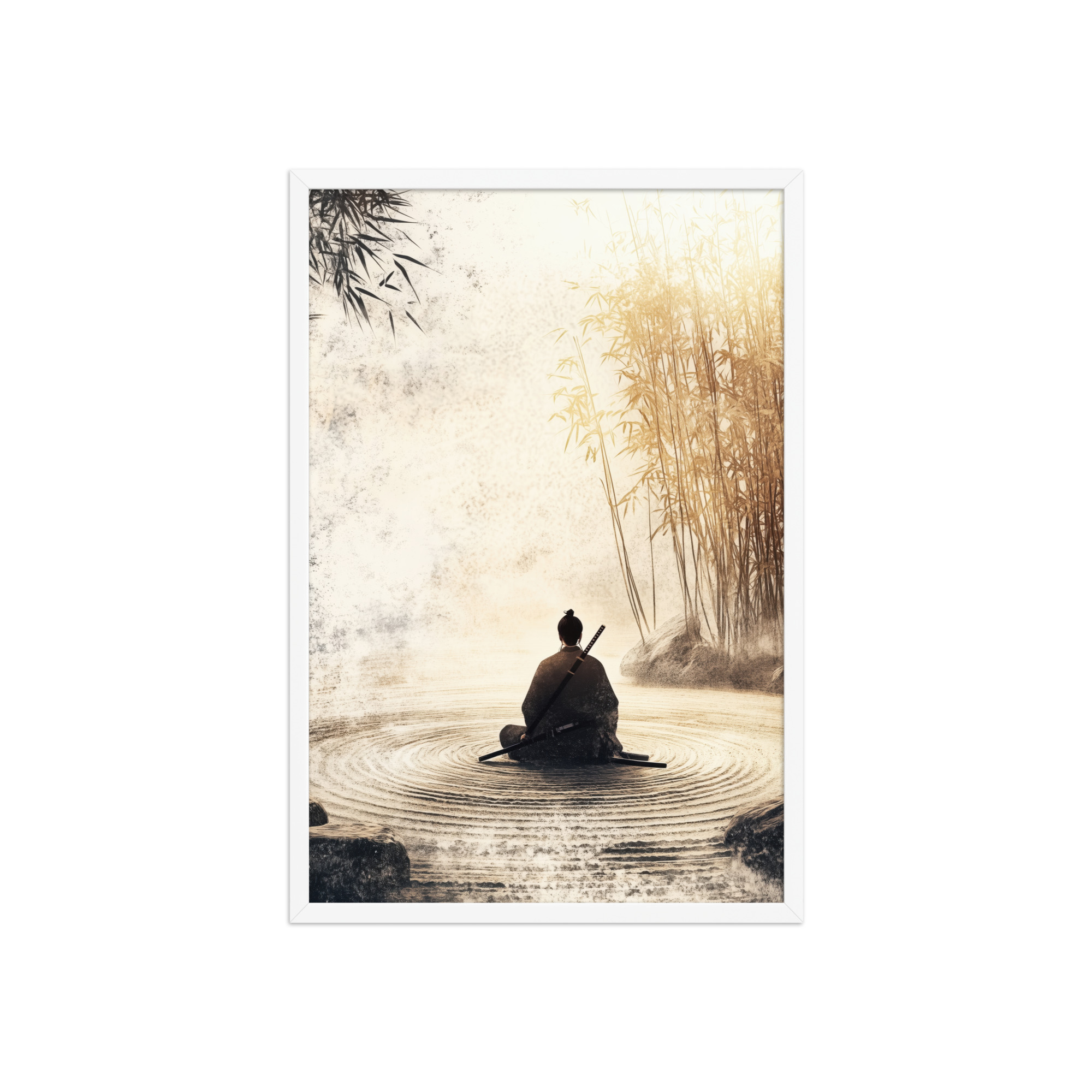 Zen Samurai in Bamboo Light – Neutral Sumi-e Ink Samurai Meditation Wall Art – Framed Poster - Image 17