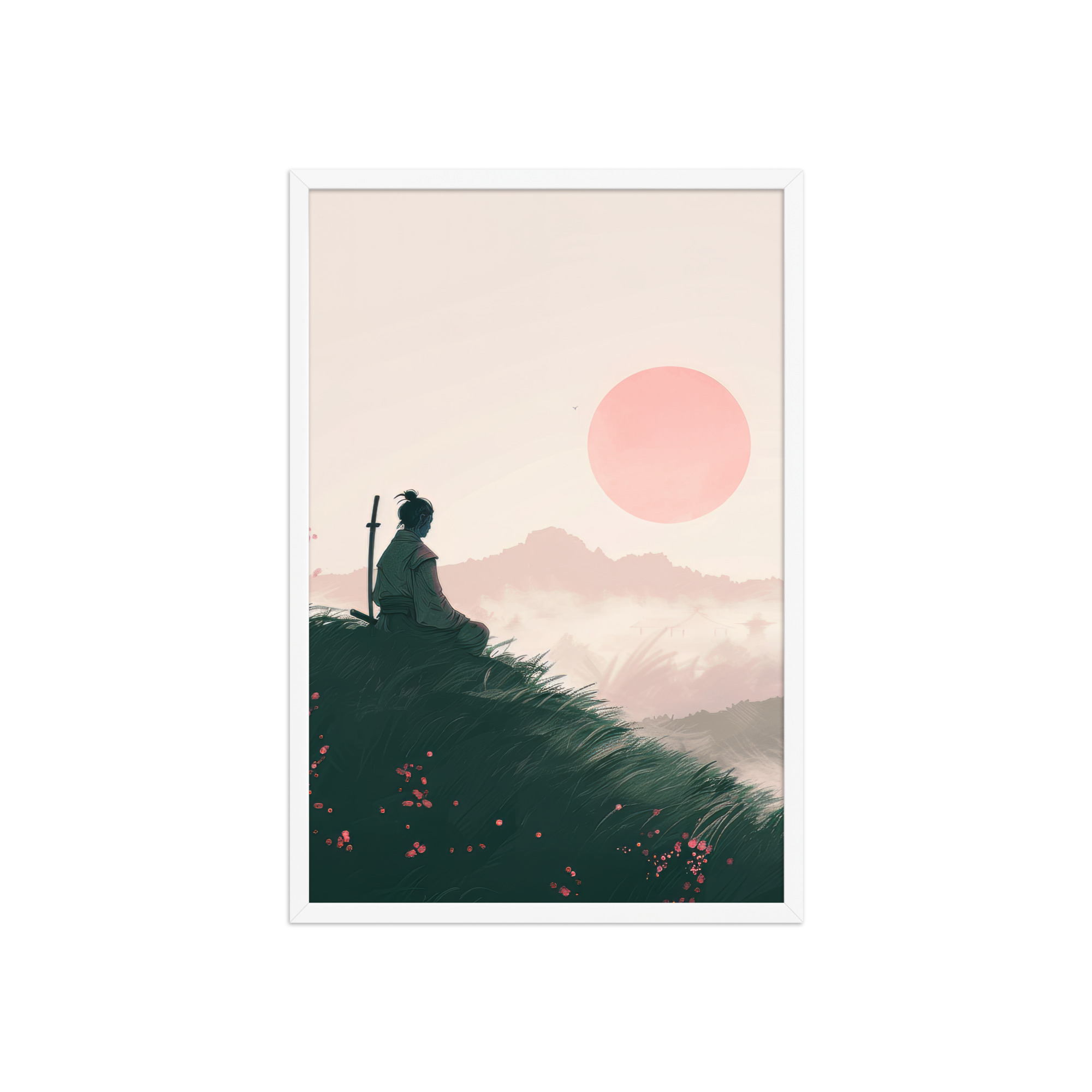 Samurai at Dawn – Pink Sun Over Hills Quiet Strength at Daybreak Wall Decor – Framed Poster - Image 20