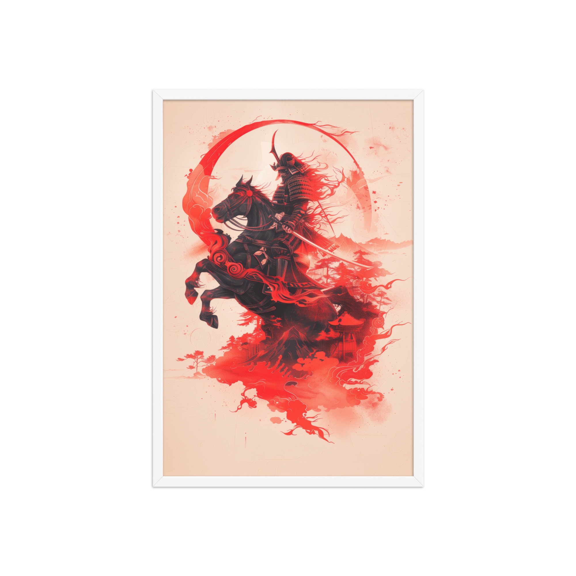 Crimson Charge – Samurai on Horseback Flaming Arc of Courage Wall Art – Framed Poster - Image 14