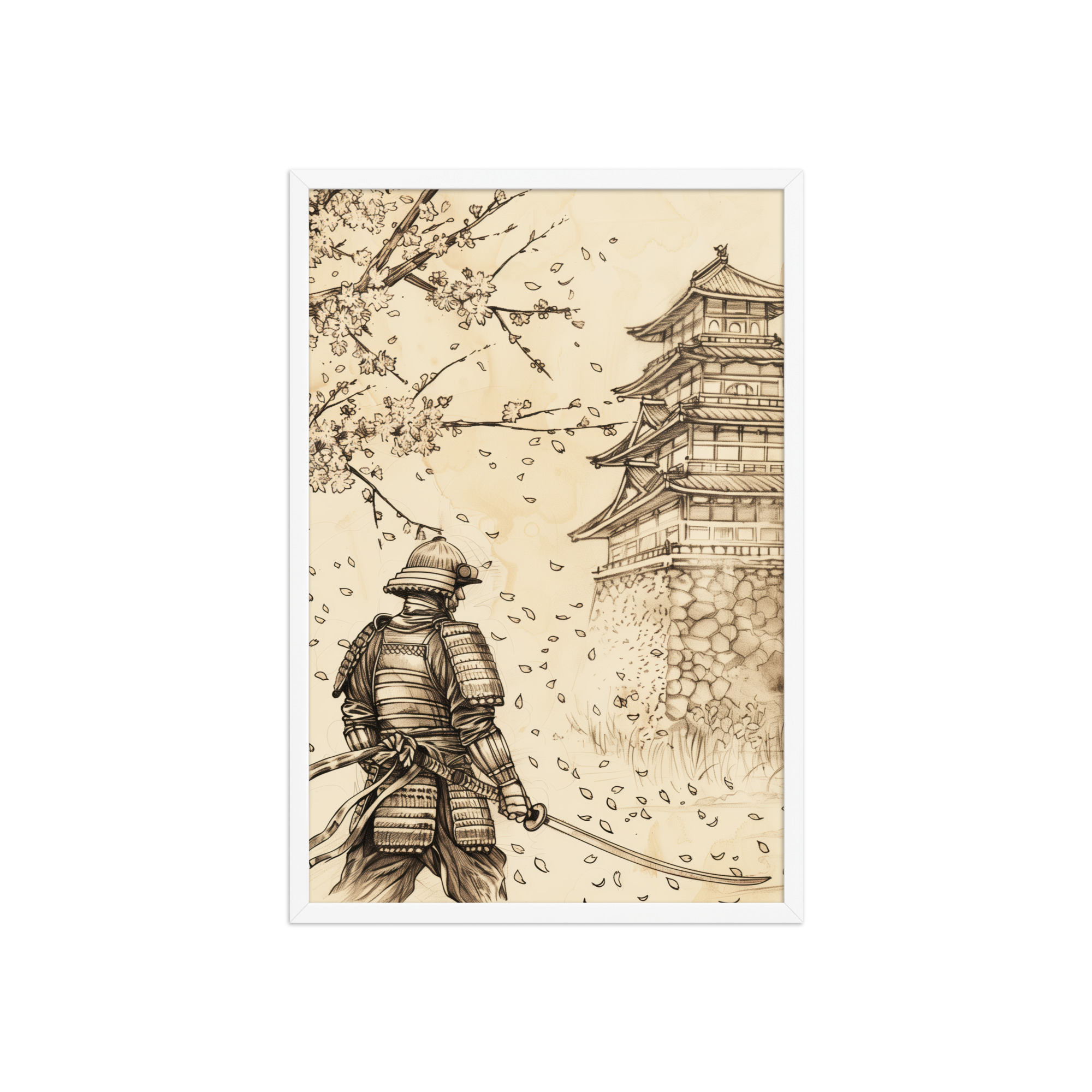 Samurai Under Cherry Blossoms – Castle Breeze and Falling Petals Wall Art – Framed Poster - Image 8