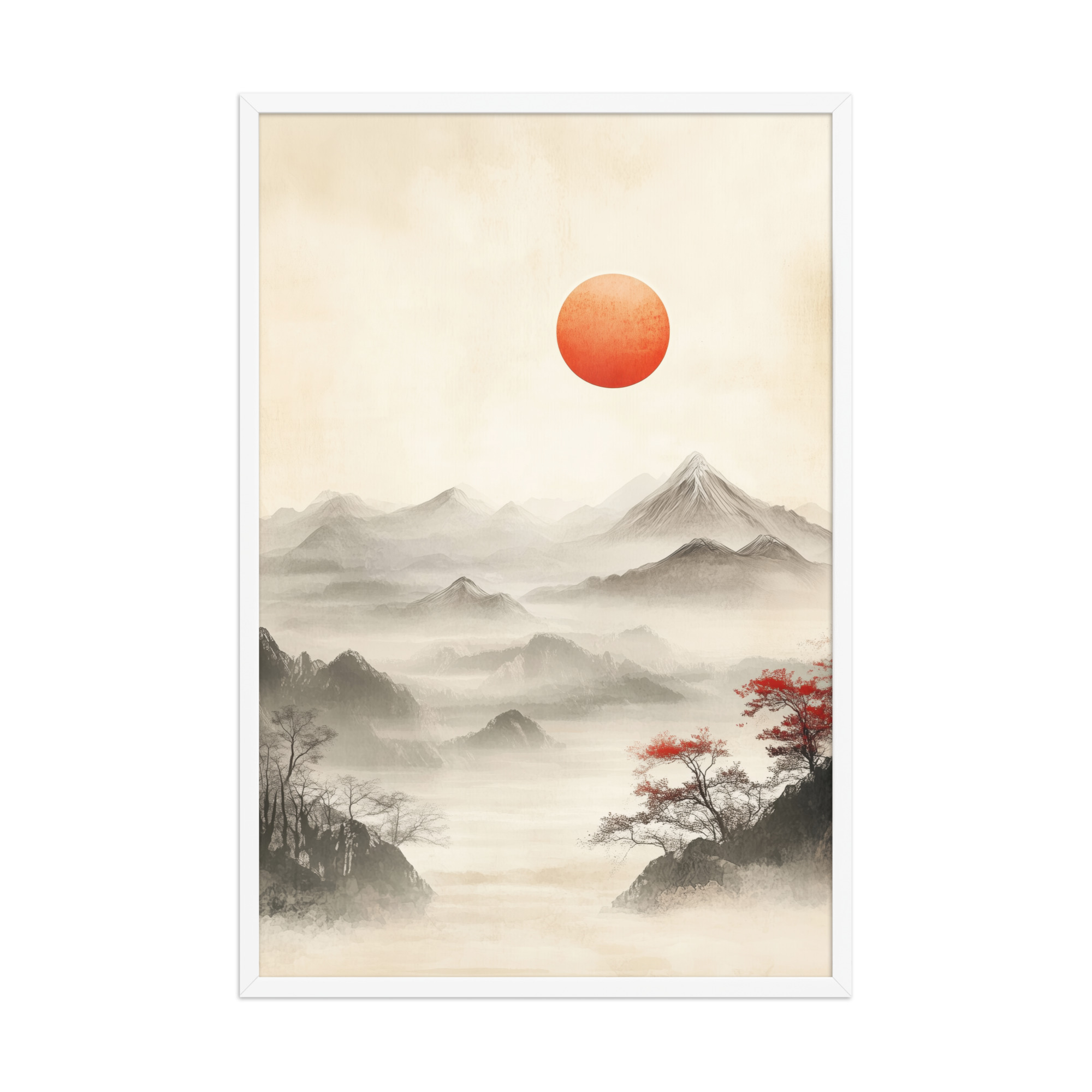 Red Sun Over Silent Peaks — Misty Ink Mountain Landscape Wall Art — Framed Poster - Image 21