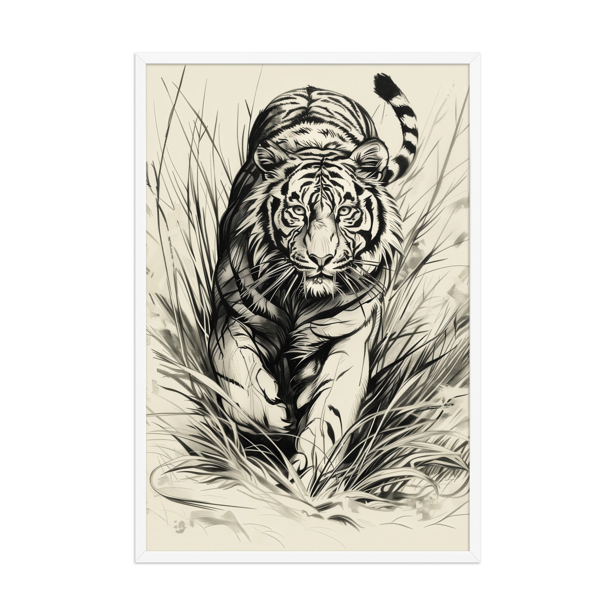 Tiger in Brush — Monochrome Ink Bengal Tiger Wall Art — Framed Poster - Image 12