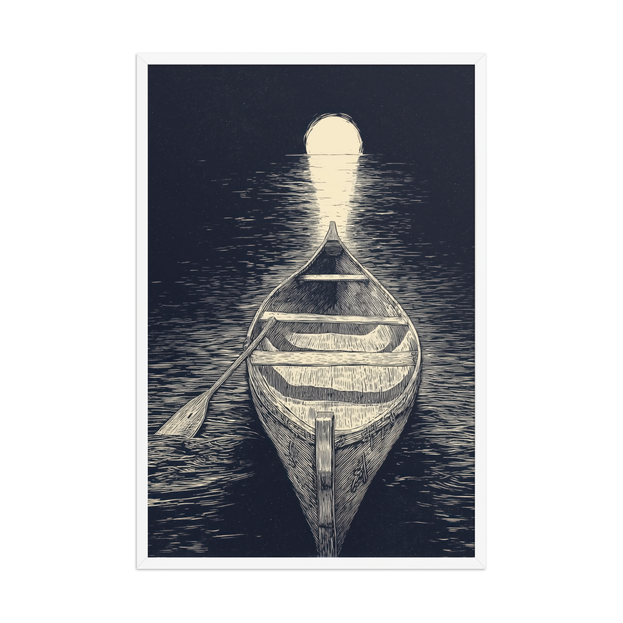 Moonlit Canoe — Woodcut Night Lake Wall Art — Framed Poster - Image 15
