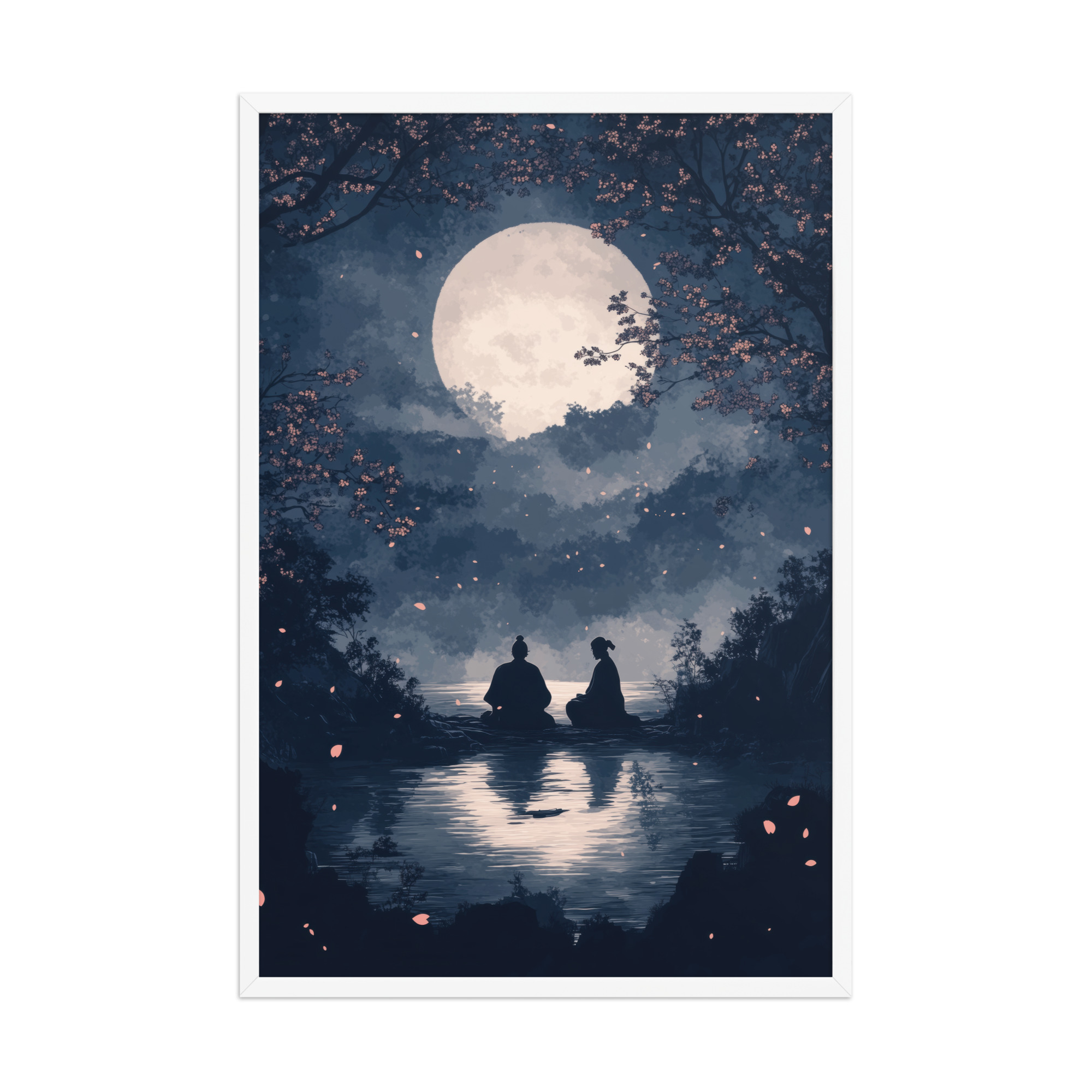 Midnight Reflections — Moonlit Lake Sakura Wall Art — Framed Poster - Image 21