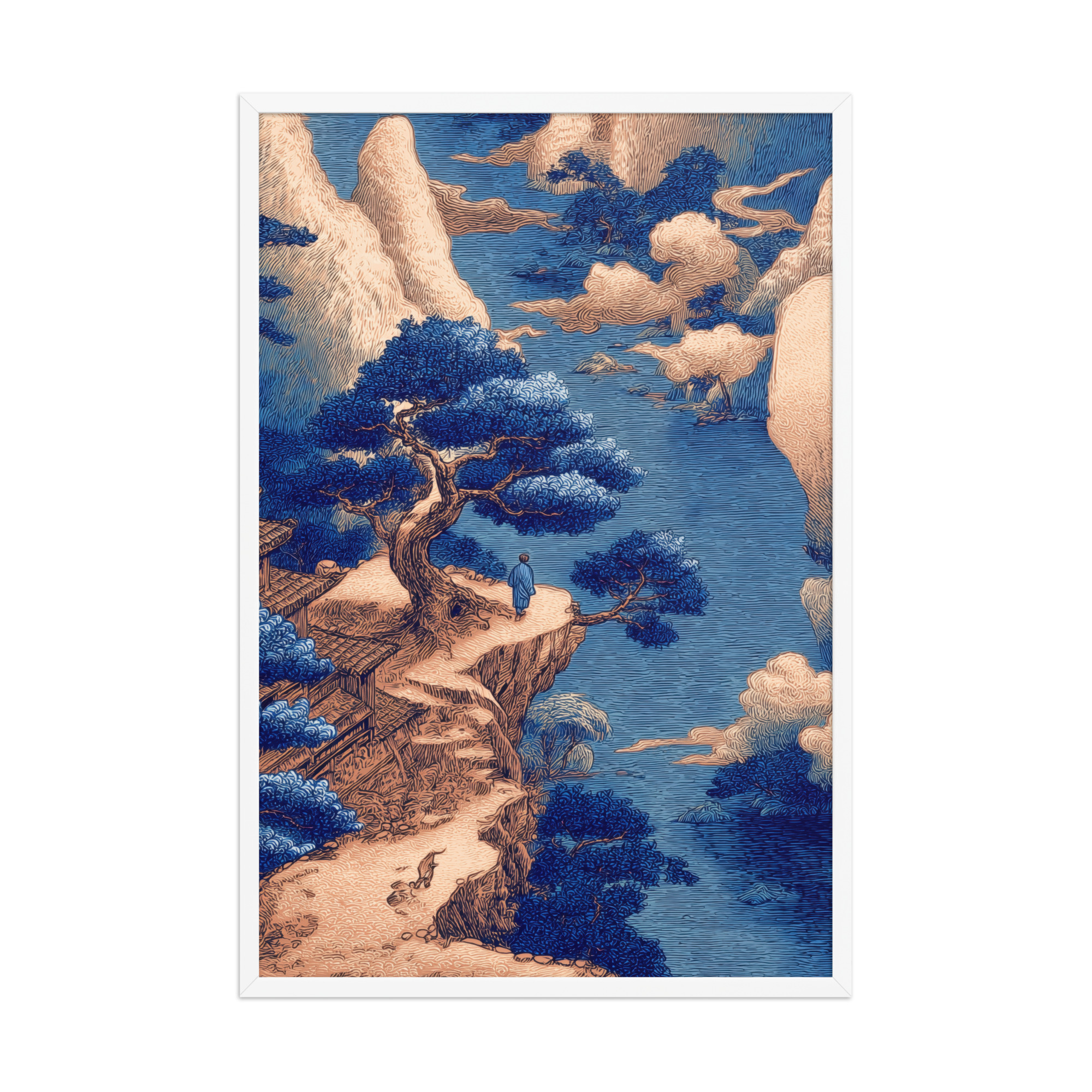 Cliffside Temple View – Blue Ukiyo-e Landscape Wall Art – Framed Poster - Image 24