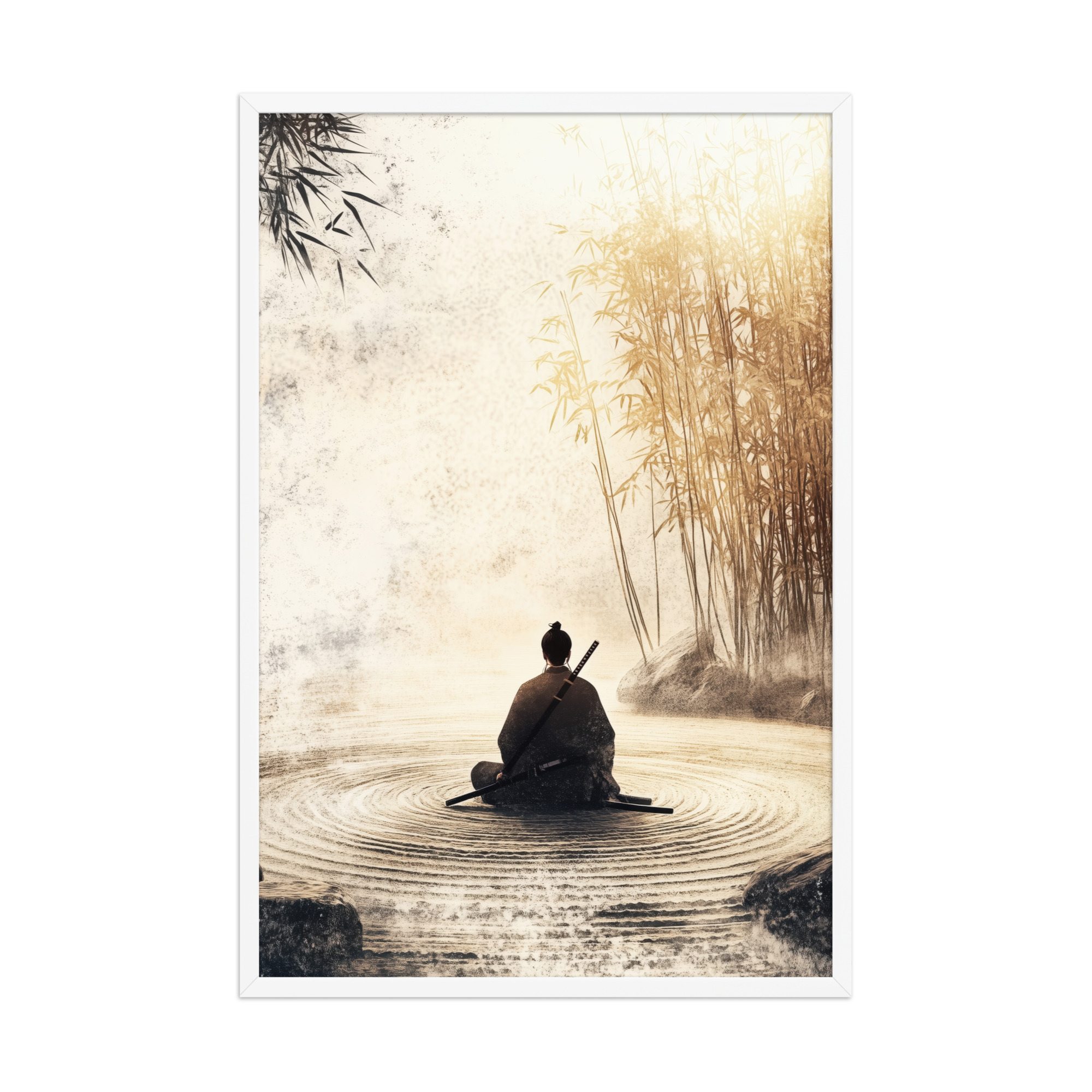 Zen Samurai in Bamboo Light – Neutral Sumi-e Ink Samurai Meditation Wall Art – Framed Poster - Image 18