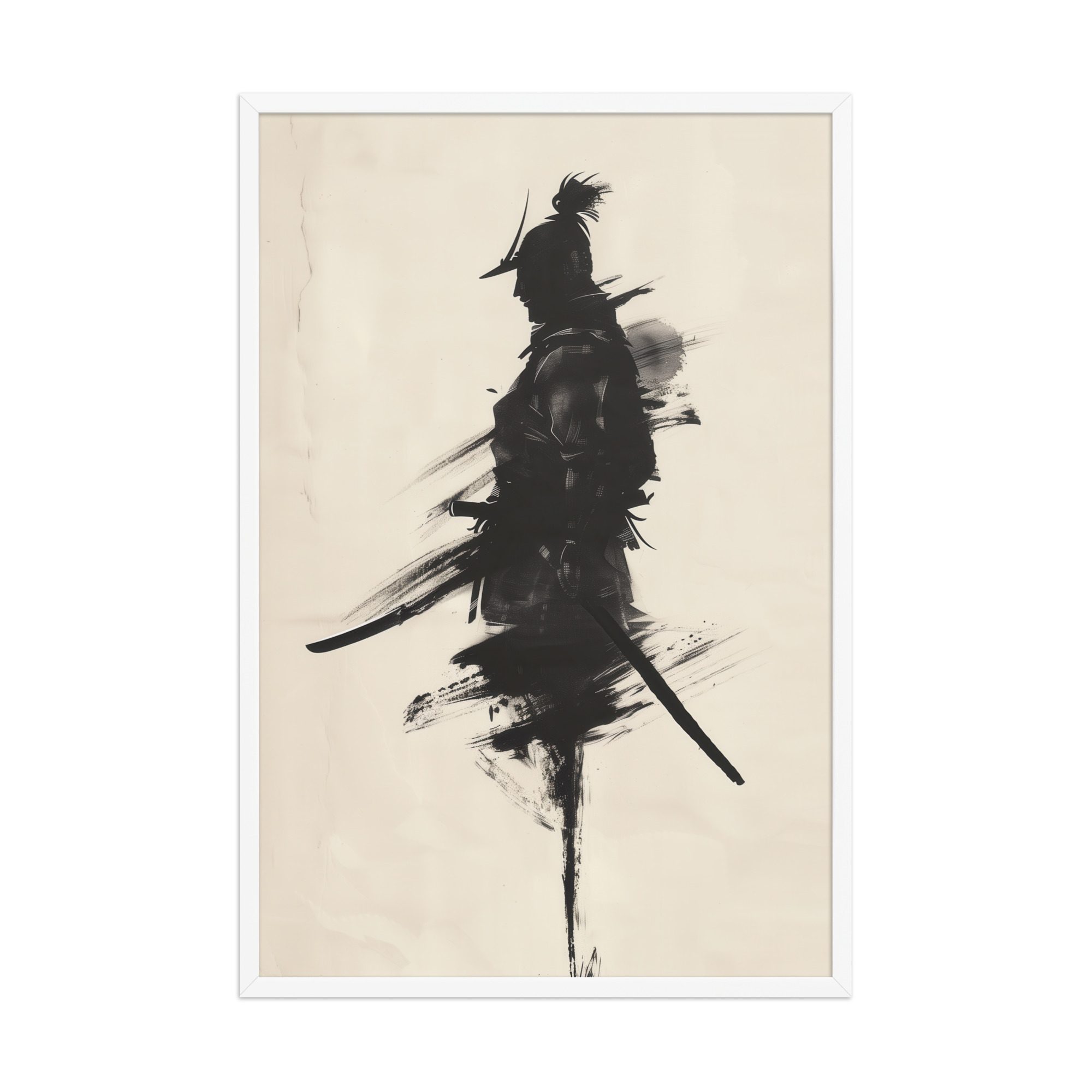 Shadowed Warrior – Sumi-e Silhouette of a Lone Samurai Wall Decor – Framed Poster - Image 24
