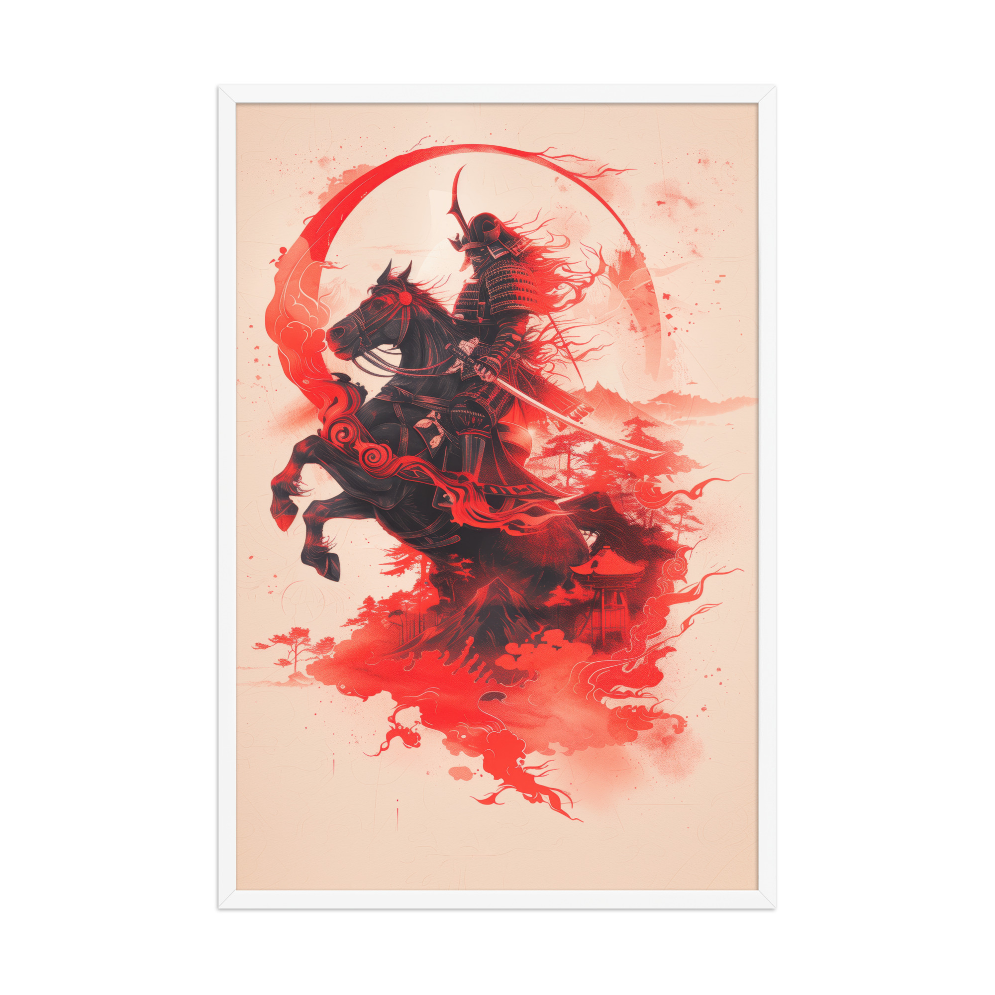 Crimson Charge – Samurai on Horseback Flaming Arc of Courage Wall Art – Framed Poster - Image 15