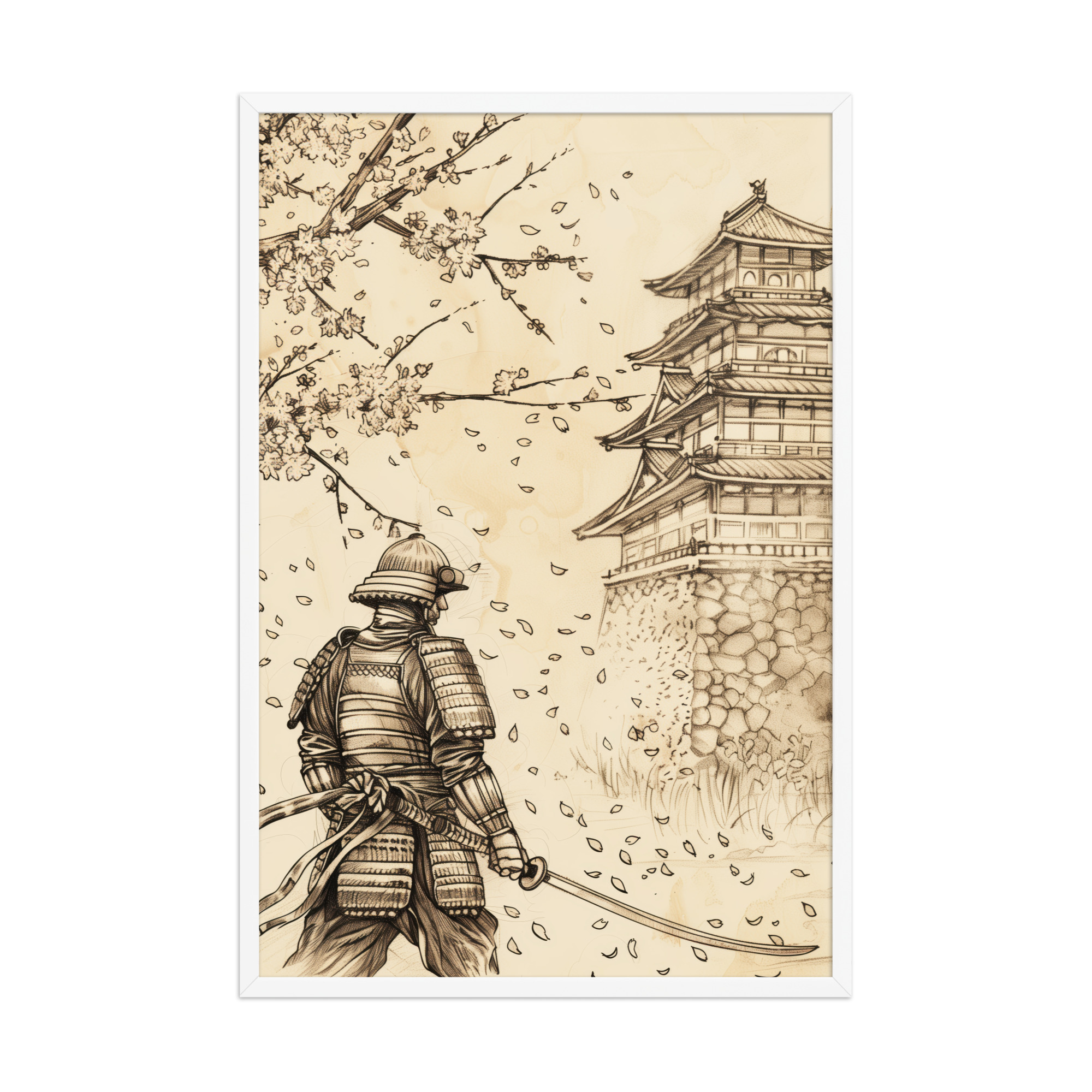 Samurai Under Cherry Blossoms – Castle Breeze and Falling Petals Wall Art – Framed Poster - Image 9