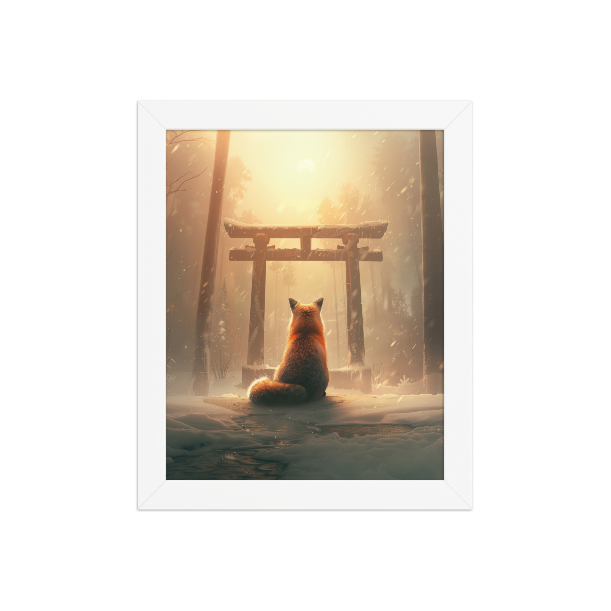 Fox Spirit at Torii — Cinematic Fox in Snowy Shrine Light Wall Decor — Framed Poster - Image 17
