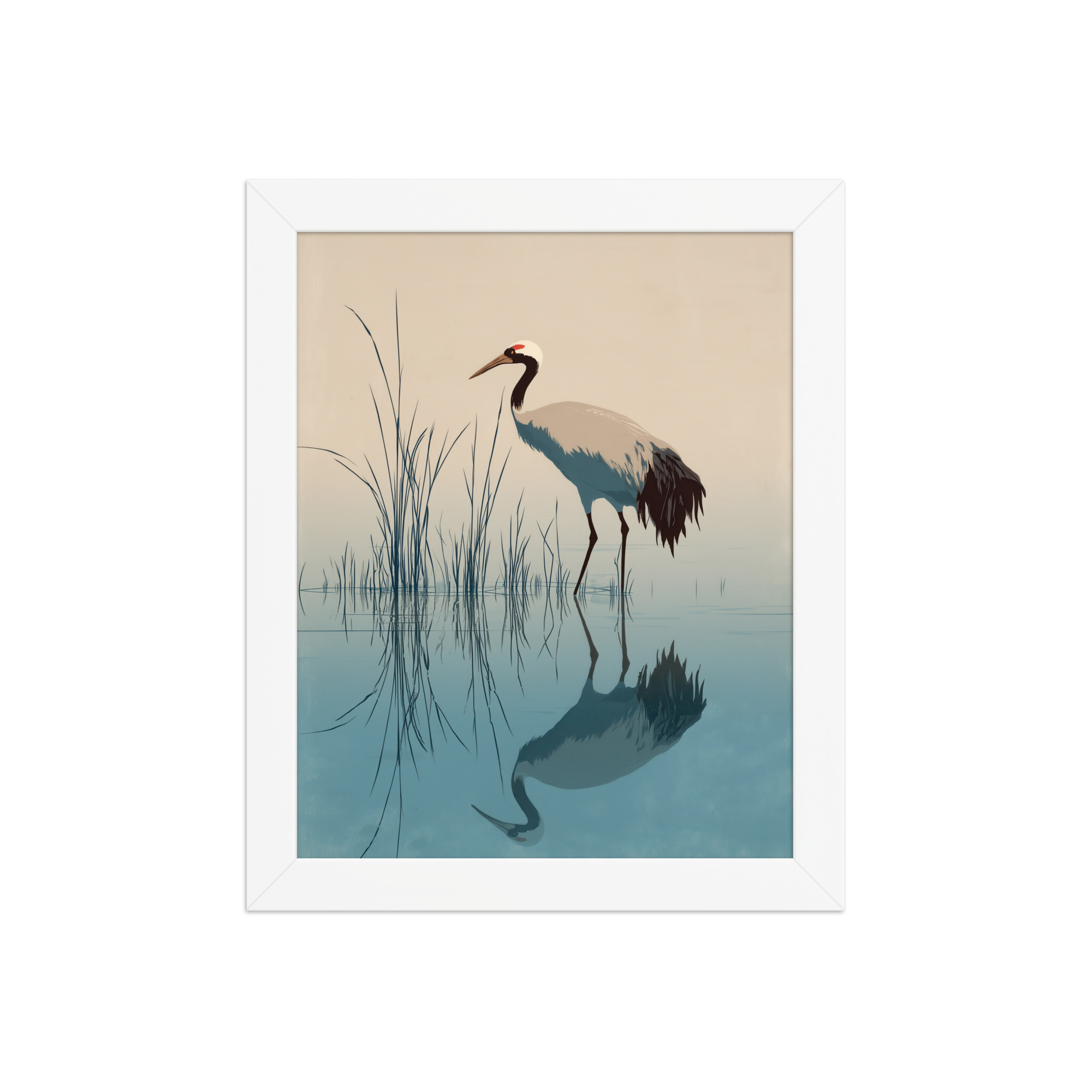 Crane and Reflection Stillness – Minimal Ukiyo-e Bird Wall Art – Framed Poster - Image 17