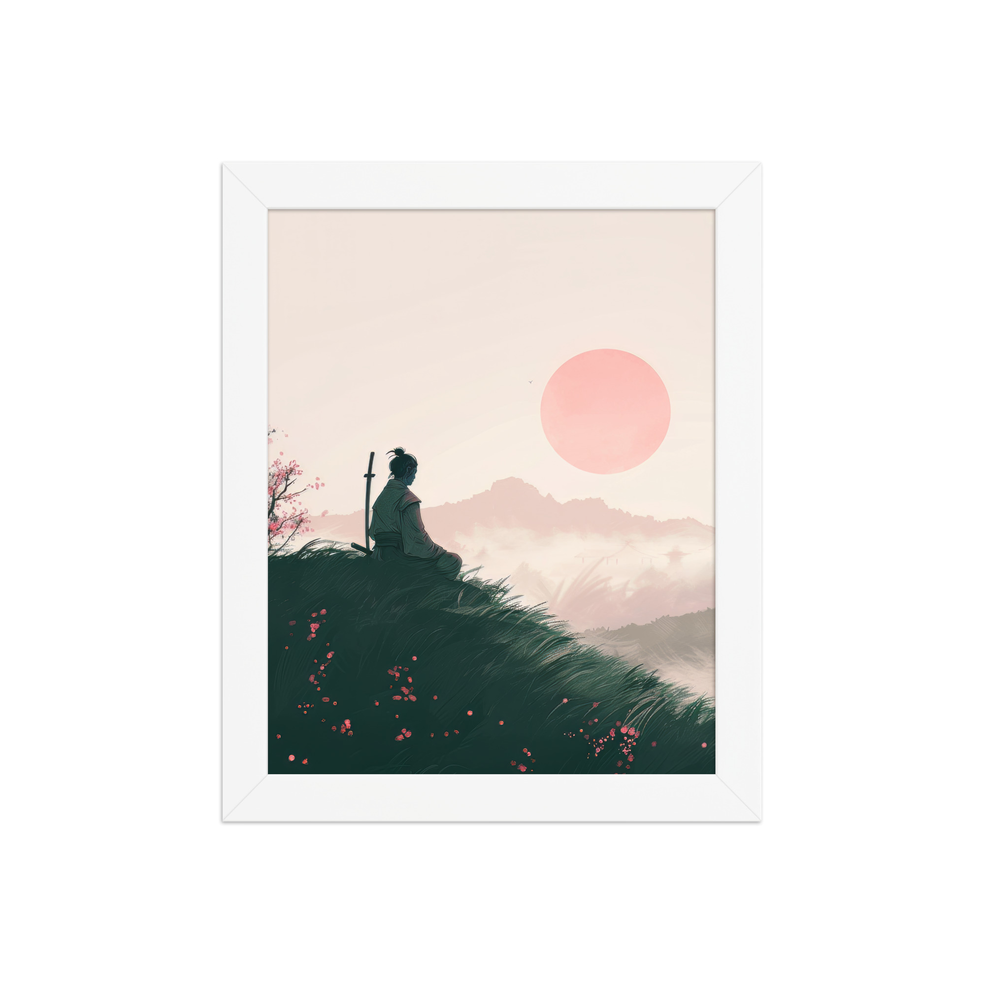 Samurai at Dawn – Pink Sun Over Hills Quiet Strength at Daybreak Wall Decor – Framed Poster - Image 15