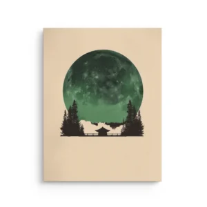 Emerald moon temple silhouette with pine treeline on beige background thin canvas wall art