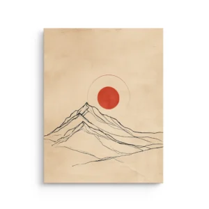 Minimal mountain contour line art with red rising sun on beige background thin canvas wall art