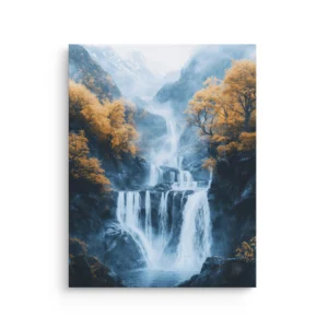 Misty autumn waterfall landscape with golden trees and blue mountains thin canvas wall art
