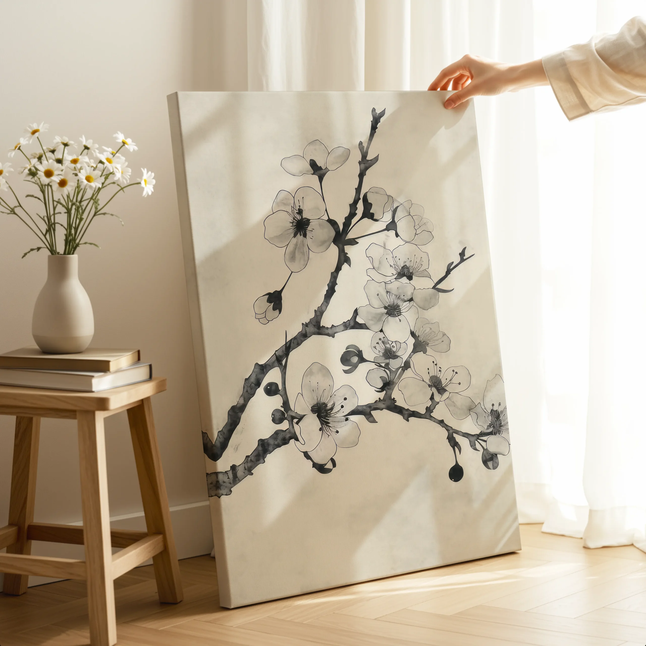 Ink-Wash Cherry Blossoms sumi-e floral ink thin canvas wall art held in bright living room, minimalist Japanese cherry blossom branch decor