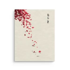 Falling Petals Japanese sumi e ink wash with red cherry blossom petals and calligraphy thin canvas wall art