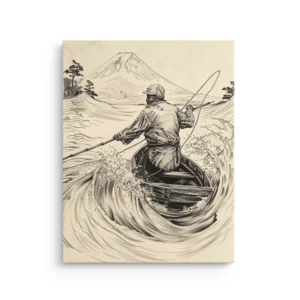 Fisherman steering a small boat through stylized waves with Mount Fuji in the background, ukiyo e inspired thin canvas wall art