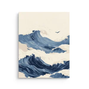 Ukiyo-e inspired indigo ocean waves and foam with a lone bird in a cream sky thin canvas wall art