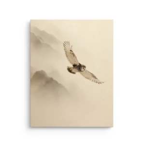 Minimal Japanese ink wash style owl flying through soft mist above layered mountains in neutral tones on premium thin canvas wall art.