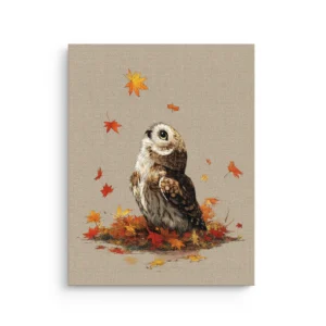 Japandi style owl sitting on a bed of Japanese maple leaves with drifting autumn leaves on a warm neutral linen background thin canvas wall art.