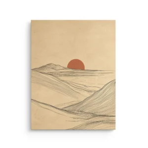 Minimalist desert ridge line art with terracotta sun on beige background thin canvas wall art