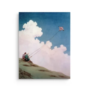 Ukiyo-e style elder and child flying a kite above fluffy clouds in blue sky thin canvas wall art
