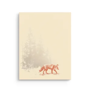 Minimalist red fox walking through a misty pine forest with soft neutral tones and airy negative space on premium thin canvas wall art.