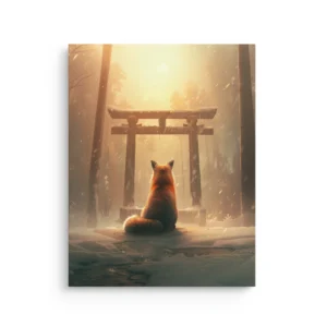 Fox sitting in snowy forest facing a glowing torii gate at sunrise, Japanese inspired Japandi thin canvas wall art.