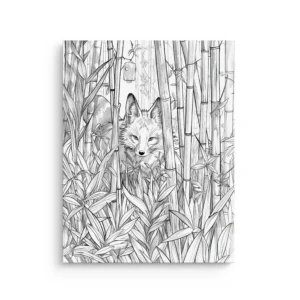 Monochrome ink style fox peeking through a dense bamboo forest with fine linework on a premium thin canvas wall art.