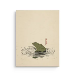 Minimal frog sitting in still water with bold ink ripple rings and a small red seal style mark on a warm neutral washi background, Japandi thin canvas wall art.
