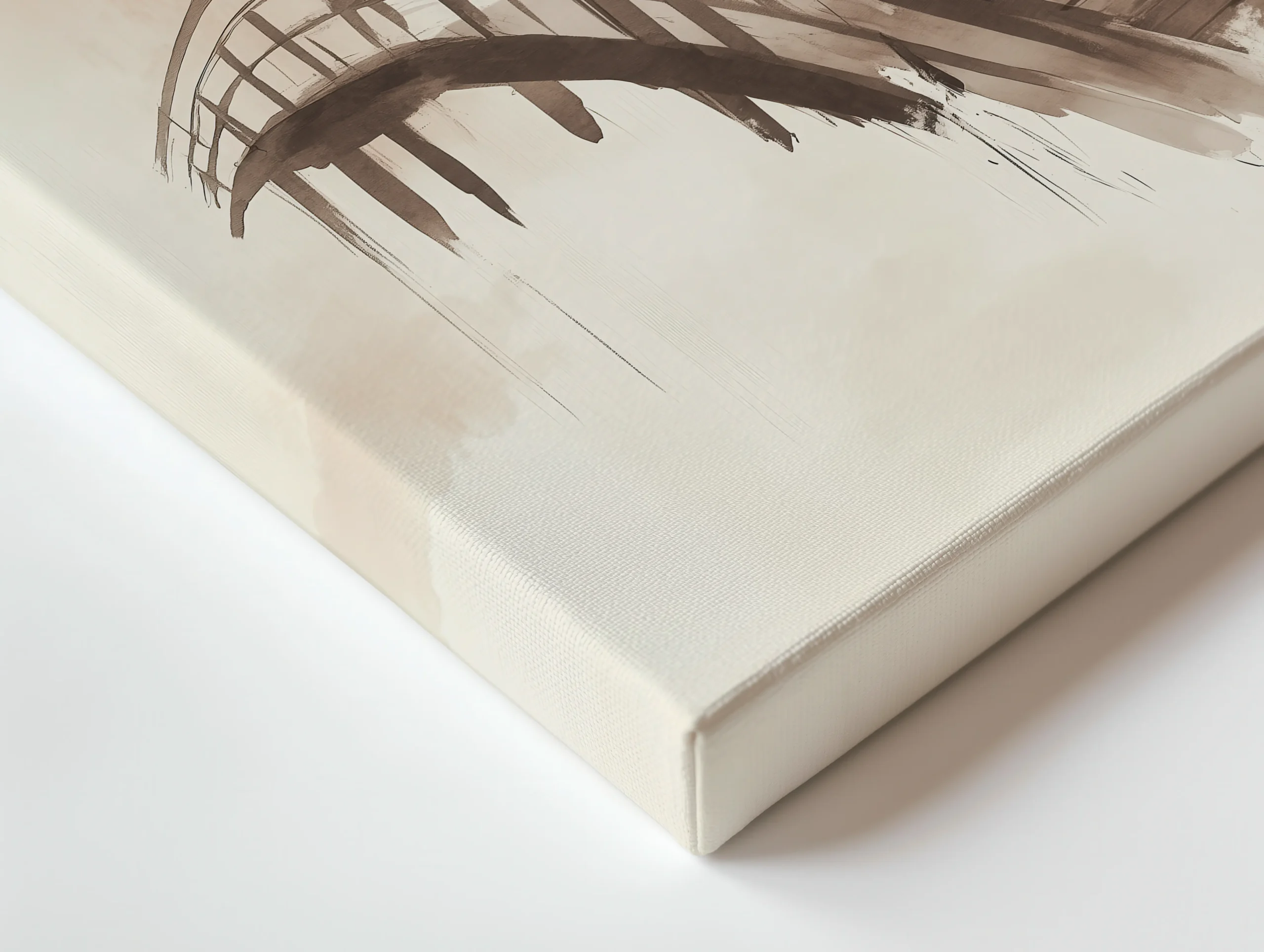 Close up of thin canvas texture and wrapped edge showing geisha bridge ink wash print detail
