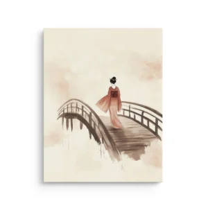 Minimalist geisha walking on arched bridge in soft beige ink wash, japandi thin canvas wall art