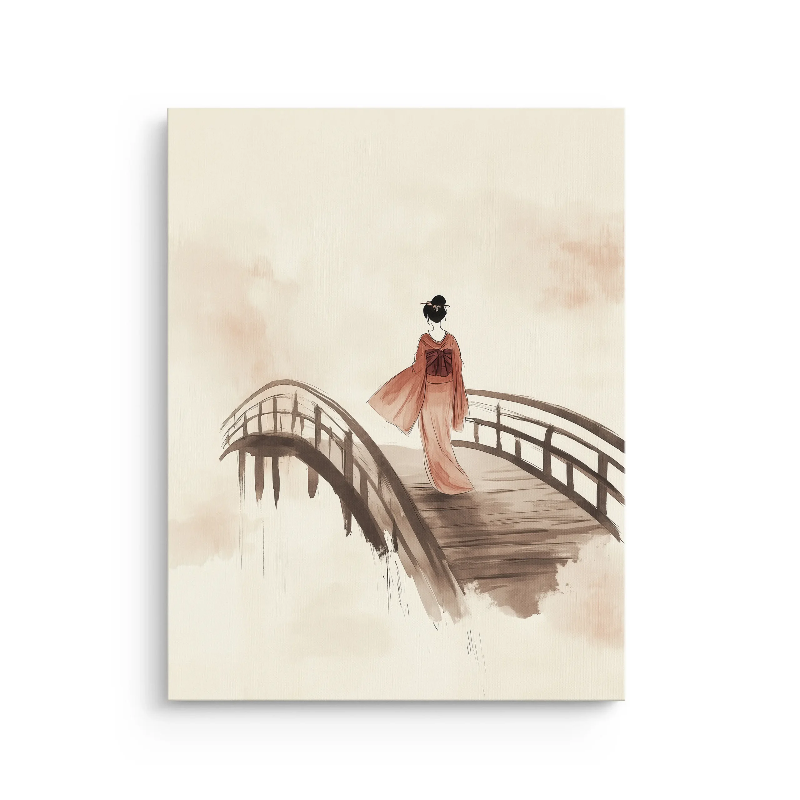 Minimalist geisha walking on arched bridge in soft beige ink wash, japandi thin canvas wall art