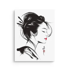 Geisha Profile minimalist sumi e ink portrait with red accents thin canvas wall art