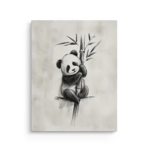 Minimal sumi e inspired panda hugging bamboo in soft ink wash tones on a misty neutral background on thin canvas wall art.