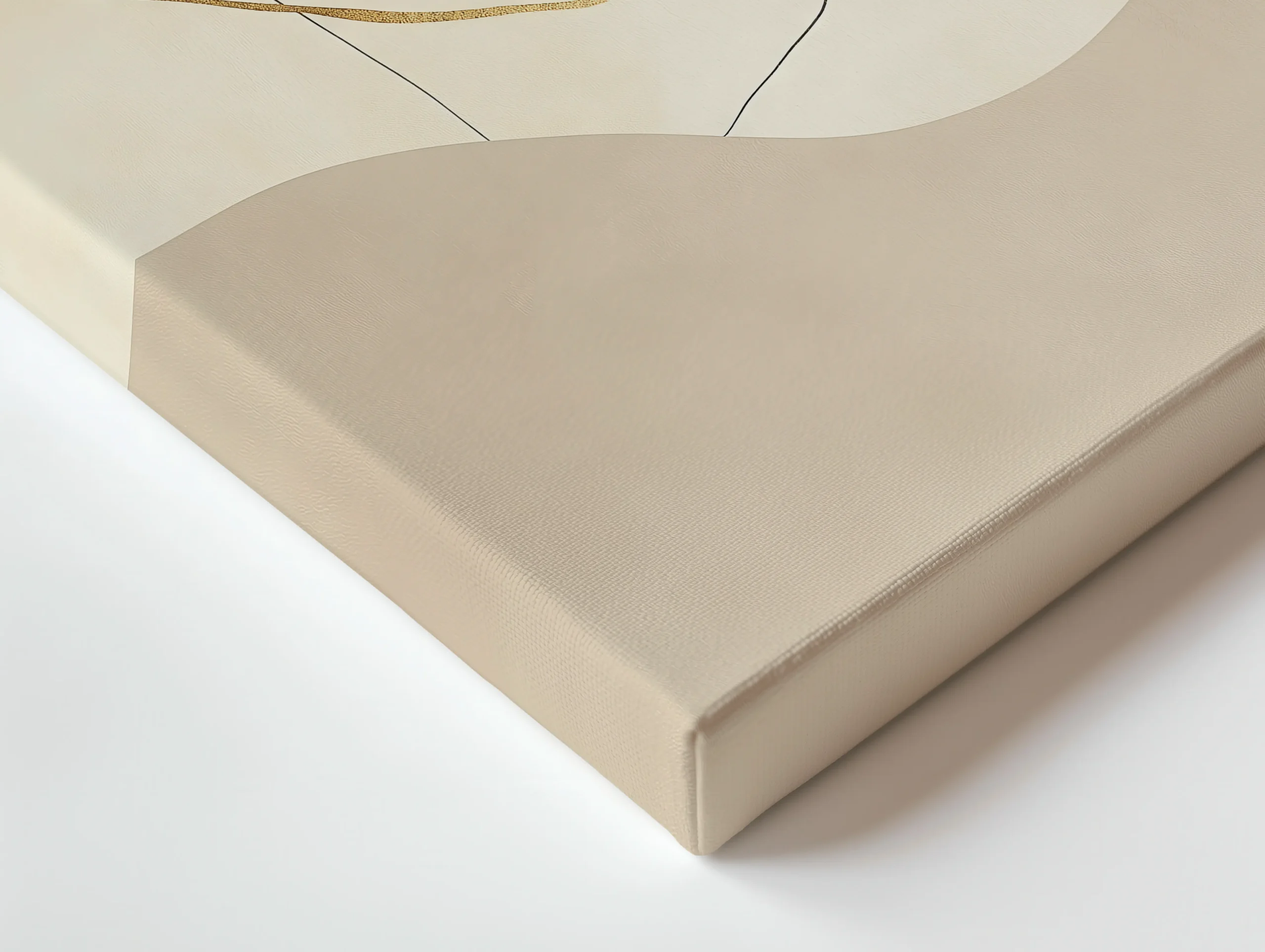 Close-up of thin canvas profile showing soft neutral tones and delicate gold line detail in minimalist abstract art.