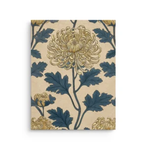 Golden chrysanthemum flower with deep blue leaves on vintage beige background thin canvas wall art