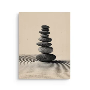 Balanced Stillness – Stacked Stones I minimalist Zen stones on raked sand thin canvas wall art