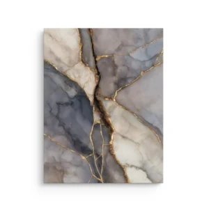 Kintsugi-inspired marble abstract in smoky slate gray and warm ivory with fine gold crack lines on thin canvas wall art.