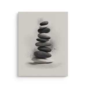 Balanced Stillness – Stacked Stones II minimalist zen stone stack in monochrome thin canvas wall art