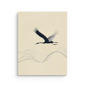 Minimal Japanese inspired black crane flying above flowing ink wave lines on a warm ivory background thin canvas wall art.