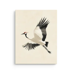 Minimal Japanese inspired white crane in flight with black wing tips and a small red crown accent on an ivory background thin canvas wall art.