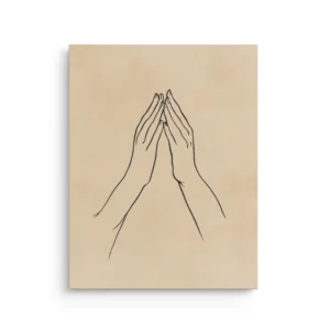 Minimal line art meditation hands on beige background thin canvas wall art