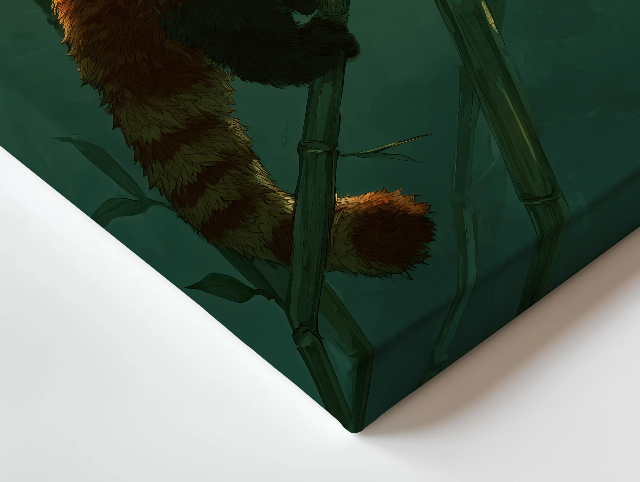 Close-up of thin canvas edge showing red panda fur and bamboo stems in deep green mist, premium slim canvas profile.