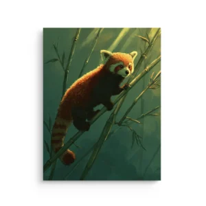Red panda climbing bamboo in a misty green forest with soft sunbeams, animal thin canvas wall art.