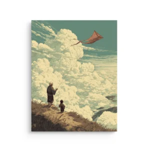 High Above the Clouds Ukiyo-e thin canvas wall art with elder and child flying a kite above a sea of clouds