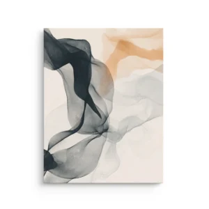 Abstract ink-like smoke ribbons in charcoal and warm sand tones on an ivory background, minimalist Japandi thin canvas wall art.