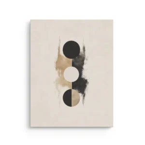 Minimal geometric wall art with three stacked circles over beige and charcoal brush textures on an off-white background, Japandi thin canvas.